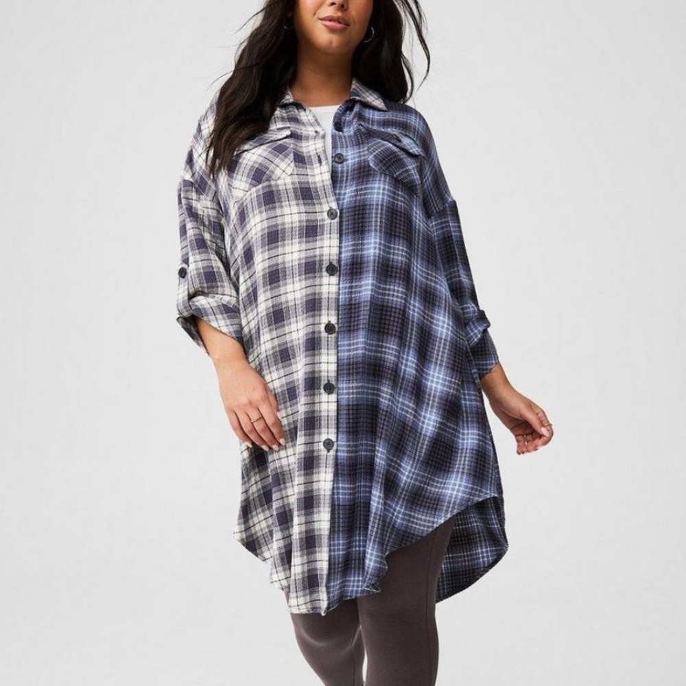 Torrid - Flannel Gauze Oversized Blue White Long Plaid Shacket Button - 2X